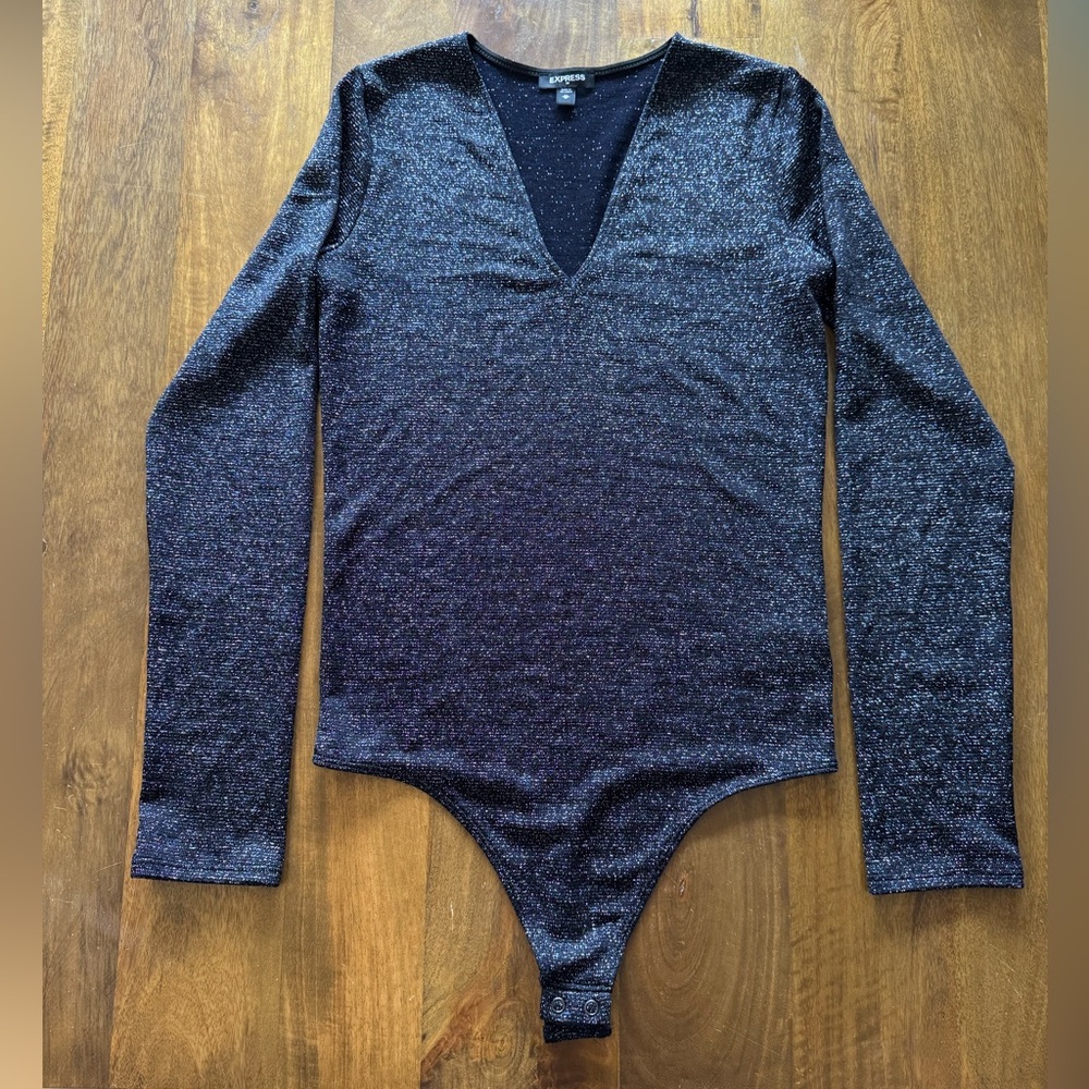 Express black metallic shimmer long sleeve bodysuit women’s M